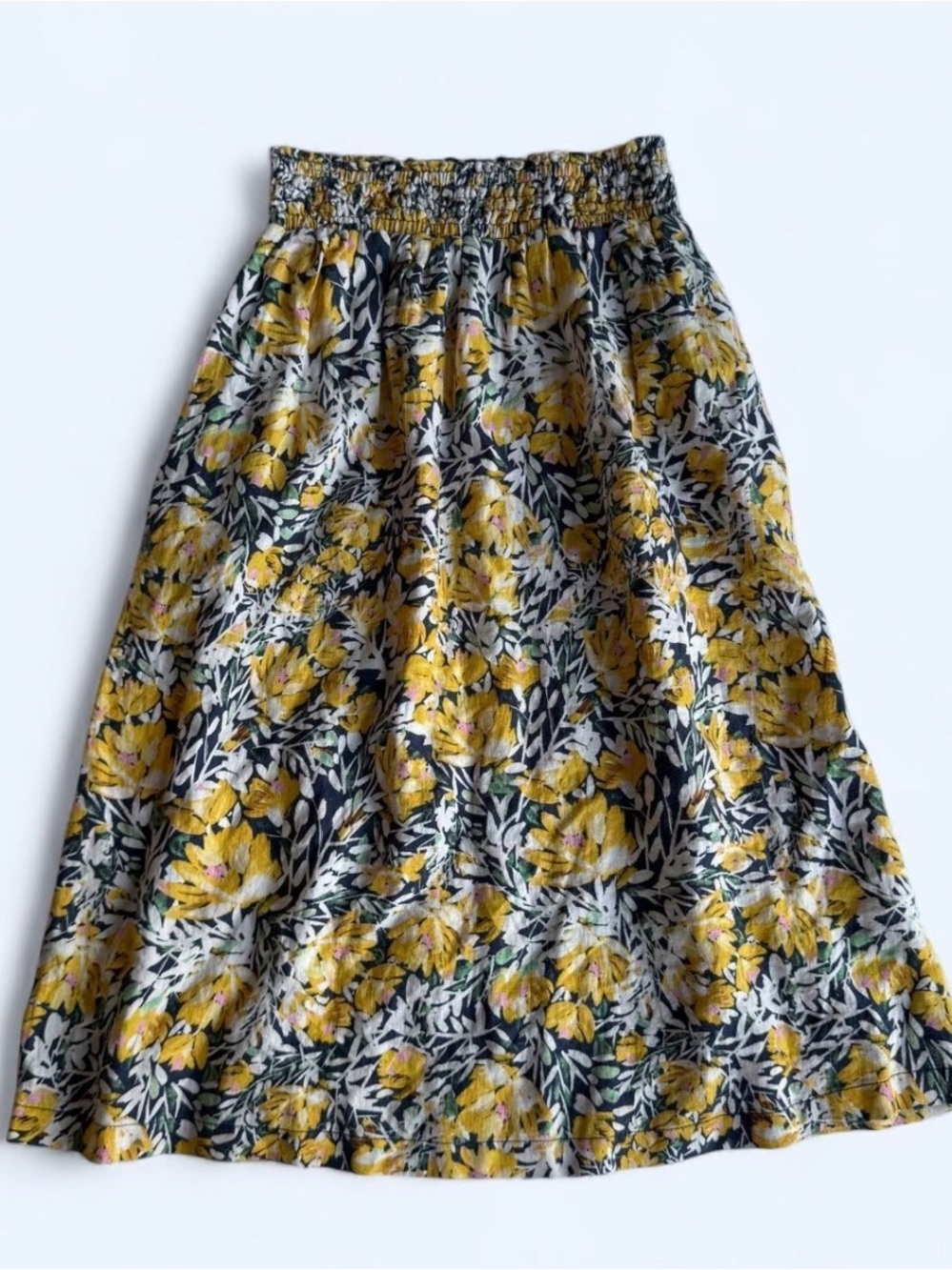 Garnet Hill Floral Linen Smocked Waist Midi Skirt Cottagecore Coastal Medium